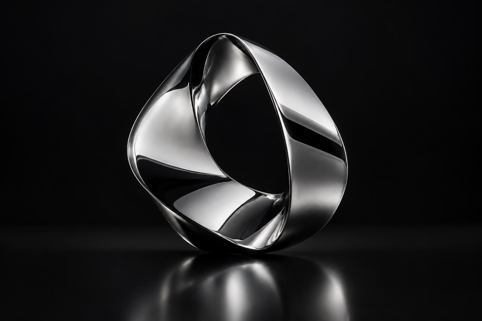 Sculptural polished silver loop on a dark background